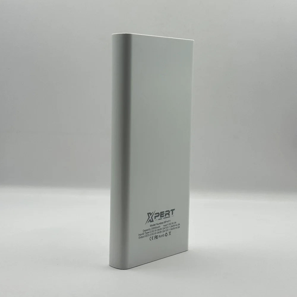 Back view of XPERT XP-411 power bank showing printed technical specifications and model details