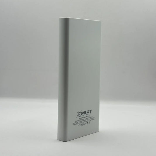 Back view of XPERT XP-411 power bank showing printed technical specifications and model details