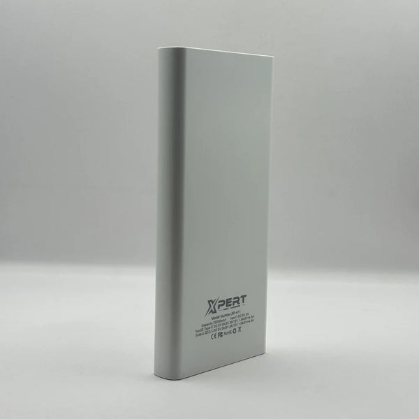 Back view of XPERT XP-411 power bank showing printed technical specifications and model details