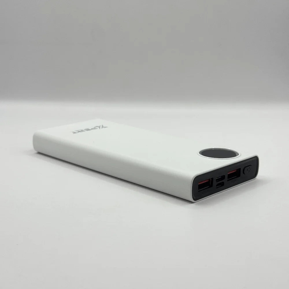 Perspective view showing top panel of XPERT XP-411 power bank with dual USB ports and power button