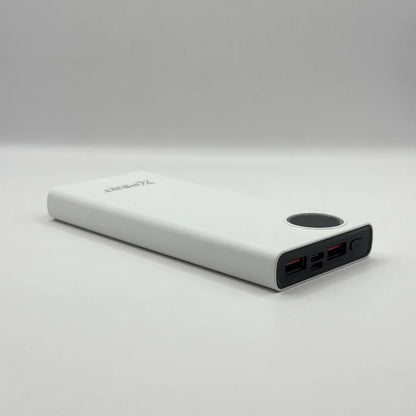Perspective view showing top panel of XPERT XP-411 power bank with dual USB ports and power button