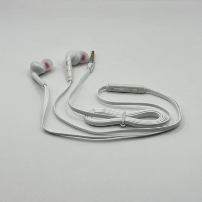 Full layout of XZS HiSpeed X-68 white wired earphones showing tangle-free flat cable and control module