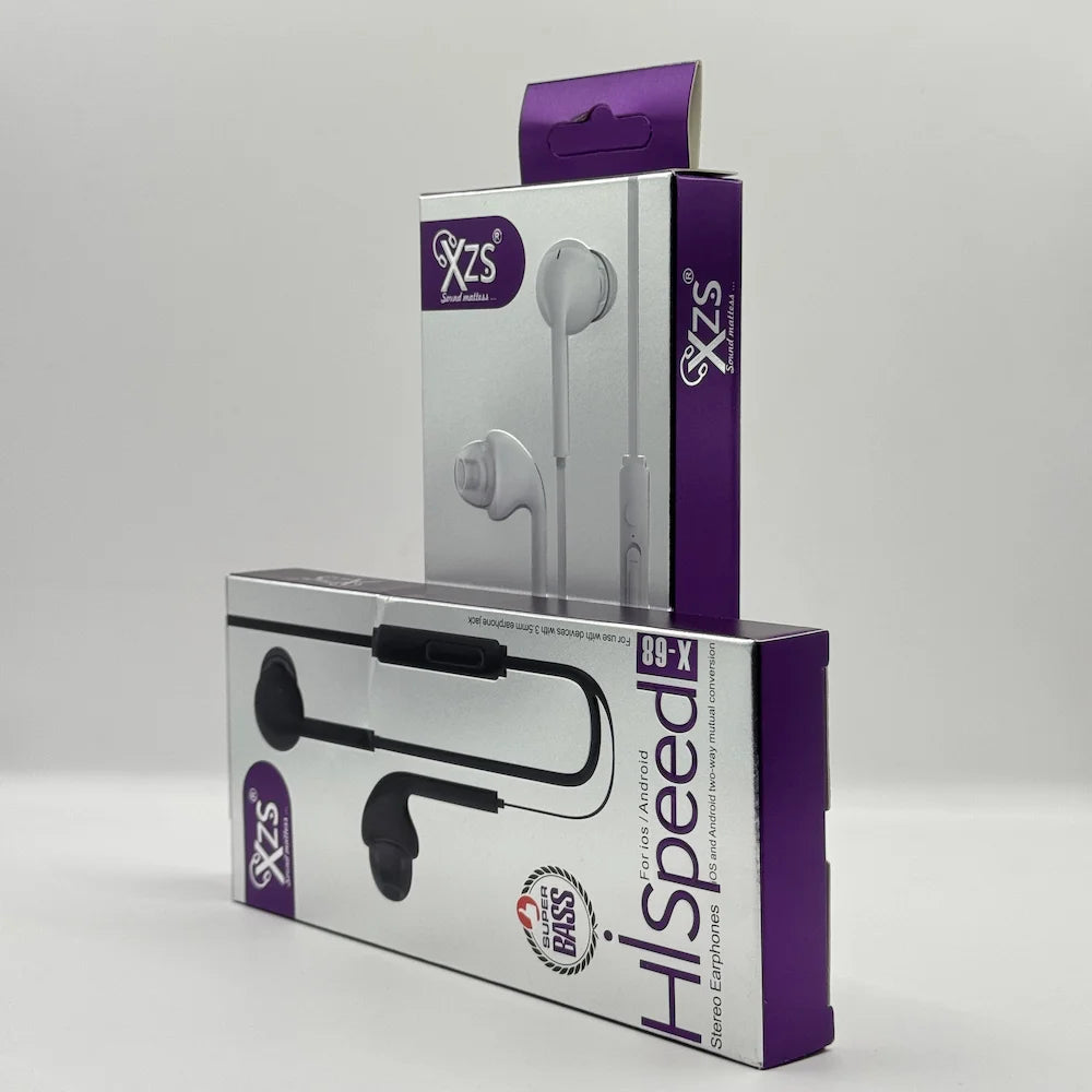 XZS HiSpeed X-68 wired stereo earphones purple retail packaging boxes standing upright