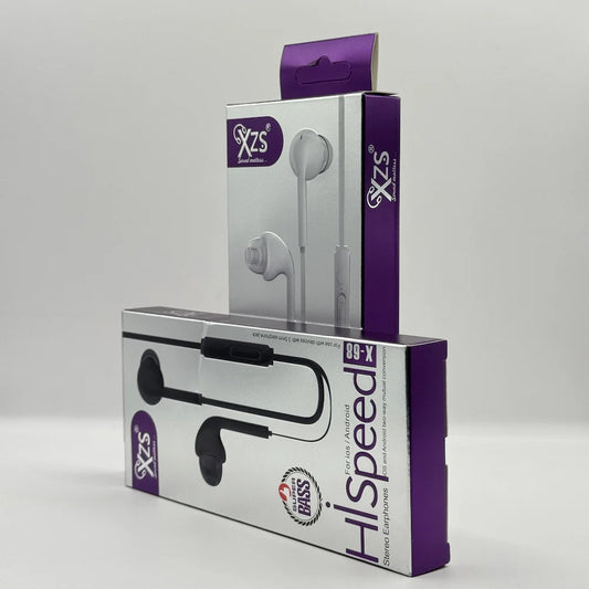 XZS HiSpeed X-68 wired stereo earphones purple retail packaging boxes standing upright