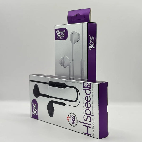 XZS HiSpeed X-68 wired stereo earphones purple retail packaging boxes standing upright